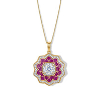 D'Joy Moissanite (Cush 7x7mm) Enameled Lotus Flower Pendant Necklace (20 Inches) in 18K Vermeil YG Over Sterling Silver 2.20 ctw