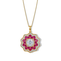 D'Joy Moissanite (Cush 7x7mm) Enameled Lotus Flower Pendant Necklace (20 Inches) in 18K Vermeil YG Over Sterling Silver 2.20 ctw
