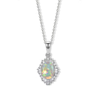 Premium Ethiopian Welo Opal and Luxuriant Lab Grown Diamond G-H SI Pendant Necklace (20 Inches) in Rhodium Over Sterling Silver 1.35 ctw