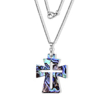 Abalone Shell Cross Pendant in Silvertone with Stainless Steel Necklace 20 Inches