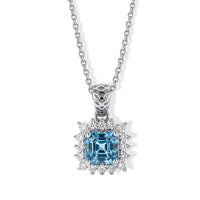Mirage Collection Premium Asscher Cut Cambodian Blue Zircon and Moissanite 1.60 ctw Pendant Necklace (20 Inches) in Rhodium Over Sterling Silver
