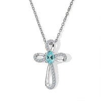 D''Joy Blue Apatite, White Zircon Cross Pendant in Rhodium Over Sterling Silver with Stainless Steel Necklace (20 Inches) 0.80 ctw