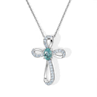 D''Joy Blue Apatite, White Zircon Cross Pendant in Rhodium Over Sterling Silver with Stainless Steel Necklace (20 Inches) 0.80 ctw
