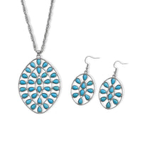 Blue Howlite Earrings and Cactus Blooms Necklace (20-22 Inches) in Silvertone 3.50 ctw