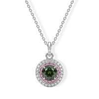 Luxuriant Lab Grown Green, Pink and White Diamond (VS) (IR) Verdant Blush Halo Pendant Necklace (20 Inches) in Rhodium Over Sterling Silver 1.50 ctw