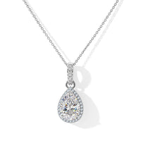 D'Joy Moissanite (Pear 15x9mm) Halo Pendant Necklace (18 Inches) in Rhodium Over Sterling Silver 4.90 ctw