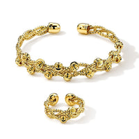 Beaded Bangle Bracelet (7-7.5In) and Ring (Size 6-9) in Goldtone