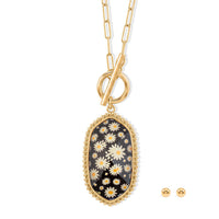 Black Flower Resin 35.00 ctw Pendant Necklace and Ball Stud Earrings in Goldtone