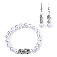 White Shell Pearl Bracelet (7-7.5In) and Earrings in Silvertone