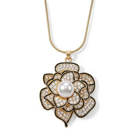 Austrian Crystal, White Glass Floral Pendant Necklace (29.50-31.50 Inches) in Goldtone