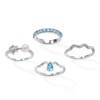 D''Joy AAA Apatite, Fresh Water Pearl and Moissanite 1.65 ctw Set of 4 Ring in Rhodium Over Sterling Silver (Size 7.0)