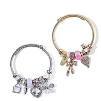 Lab Created White Cat''s Eye, Multi Gemstone Heart and Floral Charm Bangle Bracelet in ION Plated Yellow Gold & Stainless Steel
