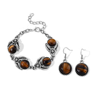 Yellow Tigers Eye 75.00 ctw Earrings and Bracelet (7-9In) in Silvertone and Stainless Steel