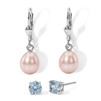 D''Joy Freshwater Pearl, Sky Blue Topaz Set of 2 Earrings in Rhodium Over Sterling Silver 1.20 ctw