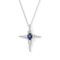 D''Joy Premium Blue Star Sapphire (DF), Moissanite The Celestial Cross Pendant in Rhodium Over Sterling Silver with Stainless Steel Necklace (20 Inches) 1.10 ctw