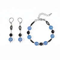 EverTrue Blue Agate, Blue Sandstone and Thai Black Spinel 76.85 ctw Bracelet (7.25In) and Earrings in Stainless Steel