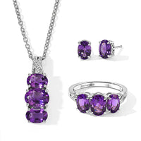 EverTrue Mashamba Amethyst 6.90 ctw Earrings, Ring (Size 5.0) and Pendant Necklace (20 Inches) in Stainless Steel
