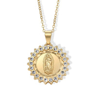 Simulated Diamond Line of Faith Virgin Mary Sunburst Pendant Necklace in Goldtone 18-20 Inches