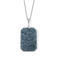 D''Joy Natural Olmec Jadeite and Moissanite 57.70 ctw Carved Floral Pendant in Rhodium Over Sterling Silver with Stainless Steel Necklace 20 Inches