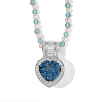 Doorbuster D''Joy AAA London Blue Topaz and Moissanite 33.00 ctw Heart Pendant with Beaded Necklace in Rhodium Over Sterling Silver 20 Inches