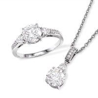 Doorbuster D''Joy Moissanite 3.50 ctw Ring (Size 8) and Pendant in Platinum Over Sterling Silver with Stainless Steel Necklace 20 Inches