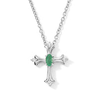 D''Joy Premium Kagem Zambian Emerald, White Zircon Cross of Faith Pendant Necklace (20 Inches) in Rhodium Over Sterling Silver 0.35 ctw