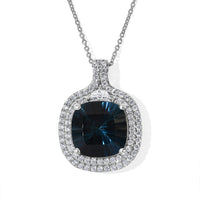 Certified and Appraised D'Joy Premium Concave Cut London Blue Topaz and Moissanite 11.65 ctw Pendant Necklace (18 Inches) in Rhodium Over Sterling Silver