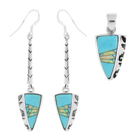 SANTA FE Style Turquoise, Lab Created Opal Arrowhead Pendant and Dangle Earrings in Sterling Silver (10 g) 1.55 ctw