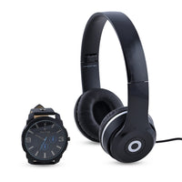ZOO YORK Quartz Movement Grey Textured Dial Watch with Black Vegan Leather Strap and Black Headphones Gift Set