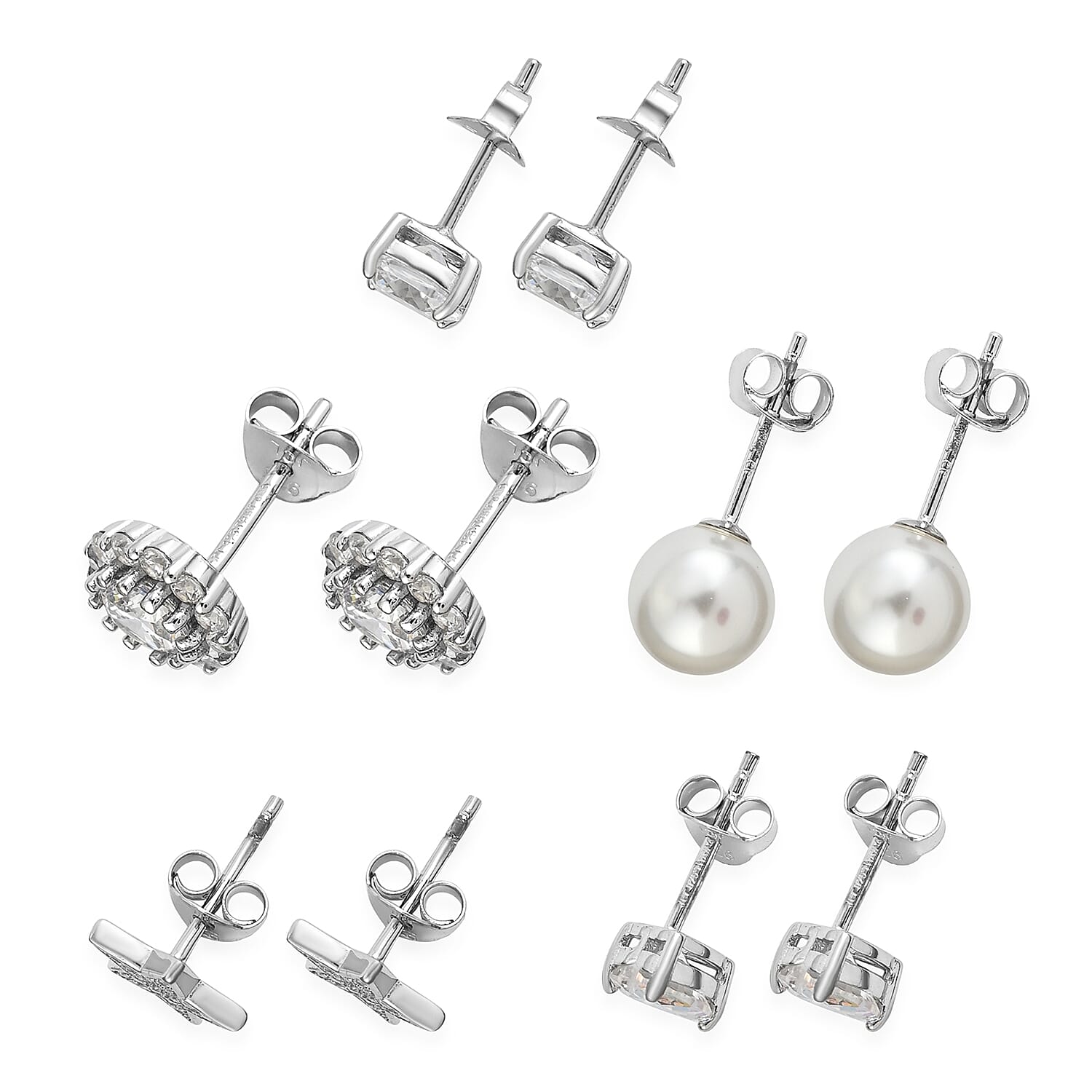 Set of 5 Simulated Diamond and Mother of Pearl Stud Earrings in Rhodium Over Sterling Silver 13.00 ctw