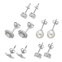 Set of 5 Simulated Diamond and Mother of Pearl Stud Earrings in Rhodium Over Sterling Silver 13.00 ctw