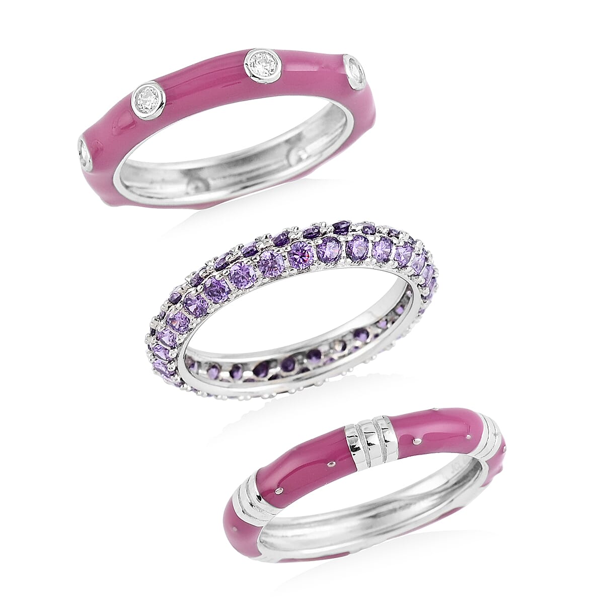 Set of 3 Simulated Diamond and Blue Enameled Band Ring in Rhodium Over Sterling Silver 7.30 Grams 7.80 ctw