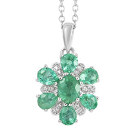 AAA Kagem Emerald and White Zircon Flower Pendant Necklace 18-19.50 Inches in Rhodium Over Sterling Silver 1.20 ctw