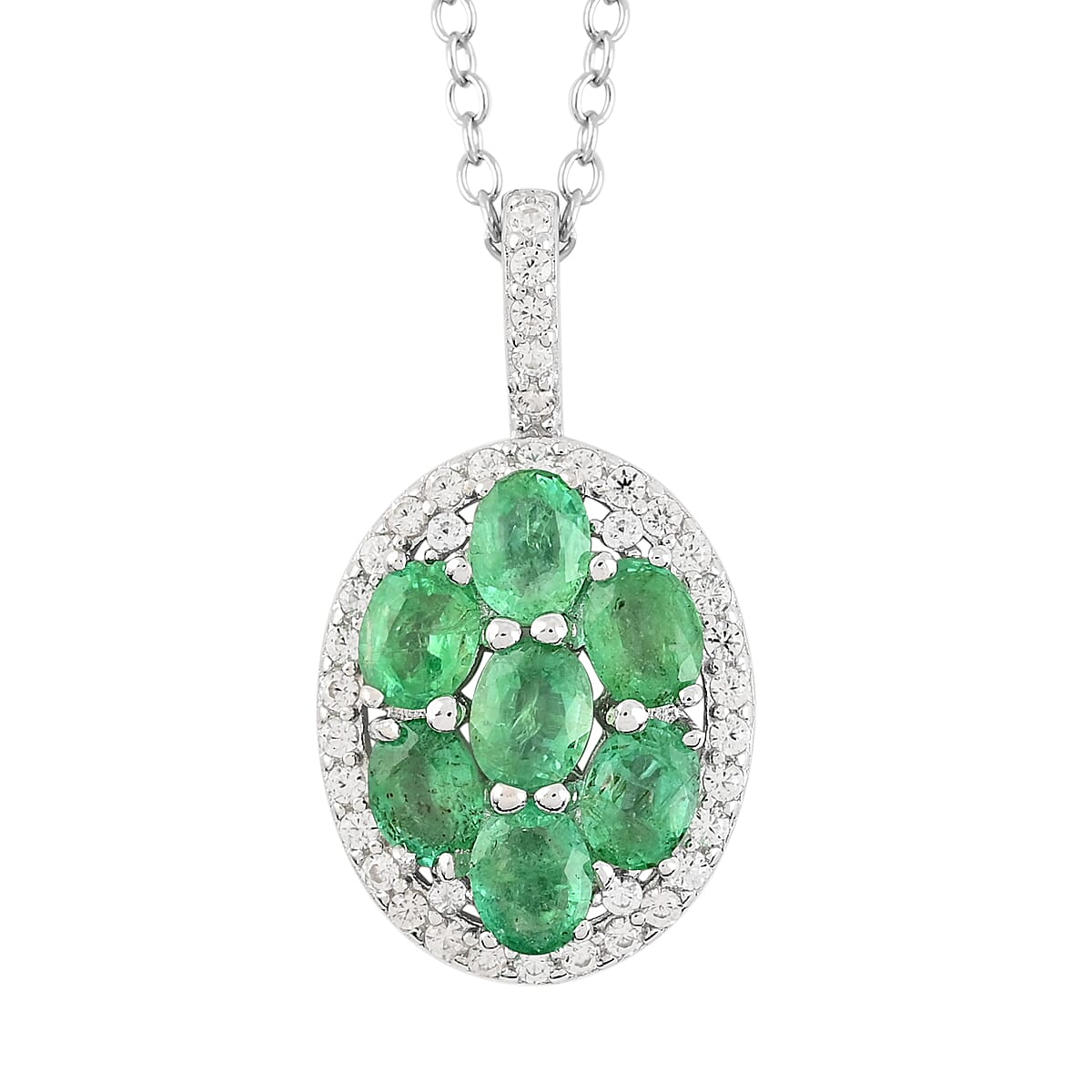 AAA Kagem Emerald and Natural White Zircon Pendant Necklace 18-19.5 Inches in Rhodium Over Sterling Silver 1.50 ctw