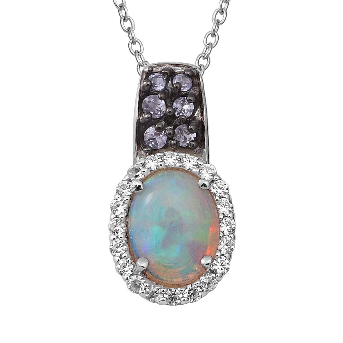 Premium Ethiopian Welo Opal and Multi Gemstone Pendant Necklace 18 Inches in Platinum Over Sterling Silver 1.75 ctw