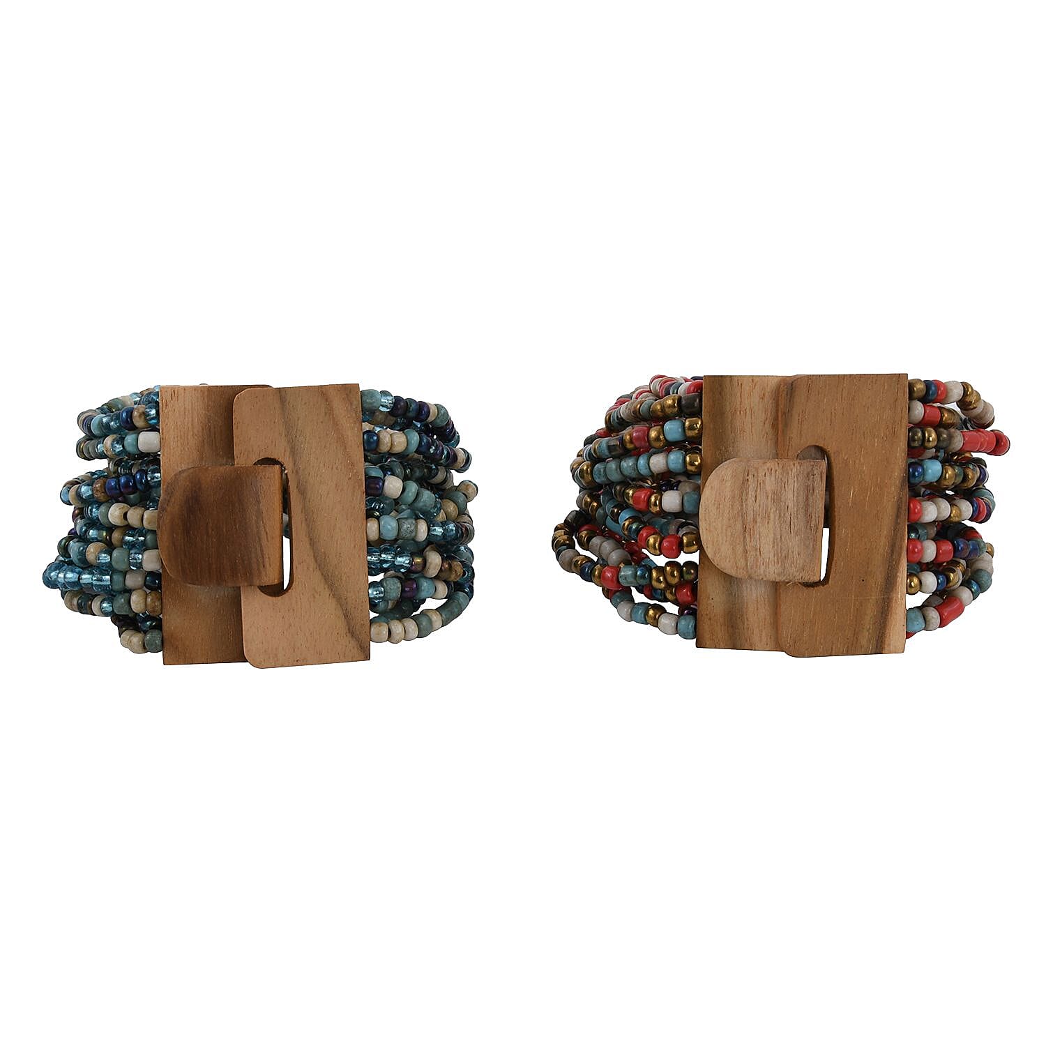 Set of 2 Multi Color Seed Beaded Stretch Bracelet with Wooden Lock