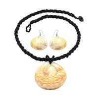 Carved Gray Shell and Seed Beaded Necklace 20 Inches and Dangle Earrings in Stainless Steel