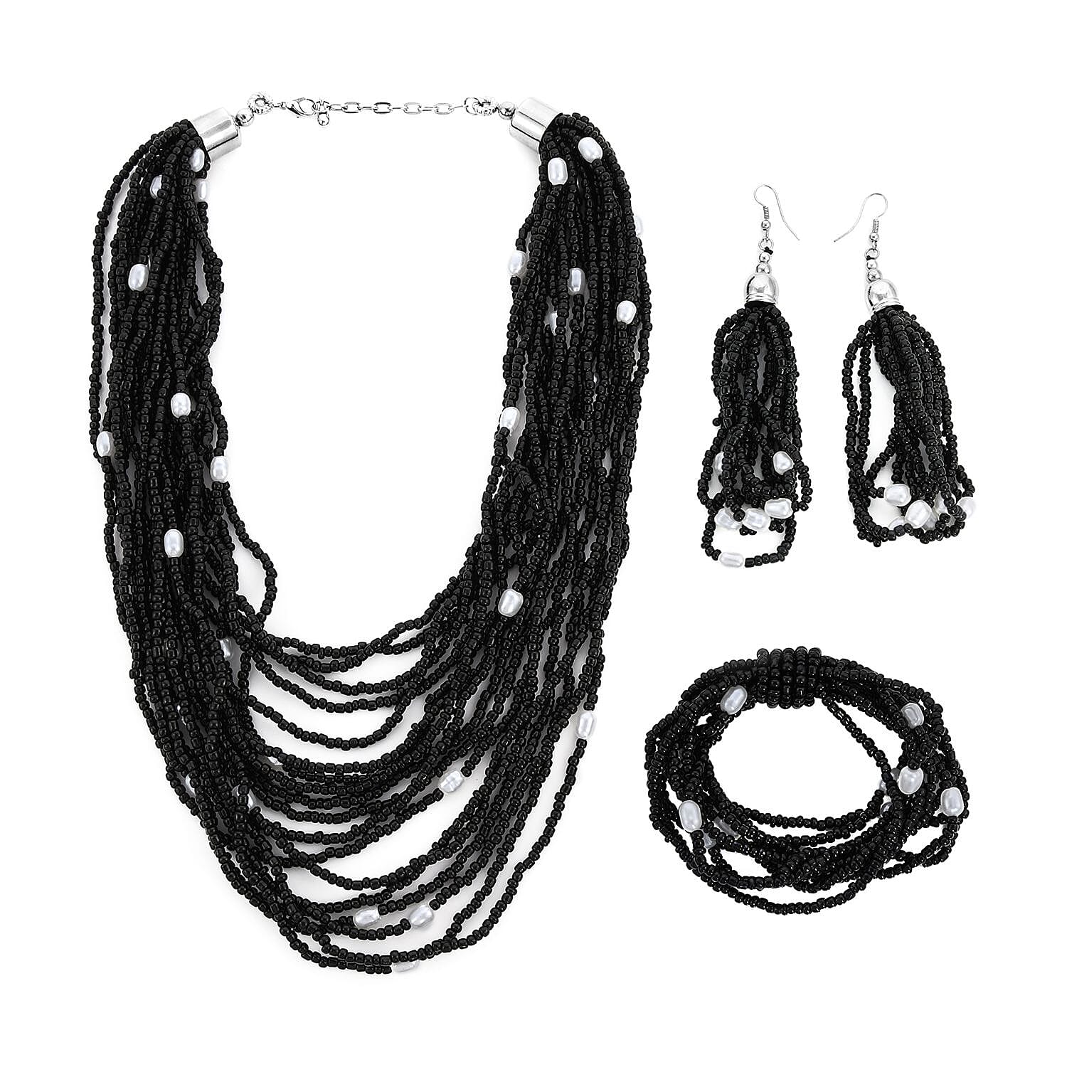 Black Seed Beaded, Simulated Pearl Multi Layered Necklace 20 Inches and Dangle Earrings and Stretch Bracelet in Stainless Steel