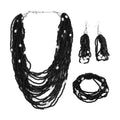 Black Seed Beaded, Simulated Pearl Multi Layered Necklace 20 Inches and Dangle Earrings and Stretch Bracelet in Stainless Steel - Sticky add to cart bar