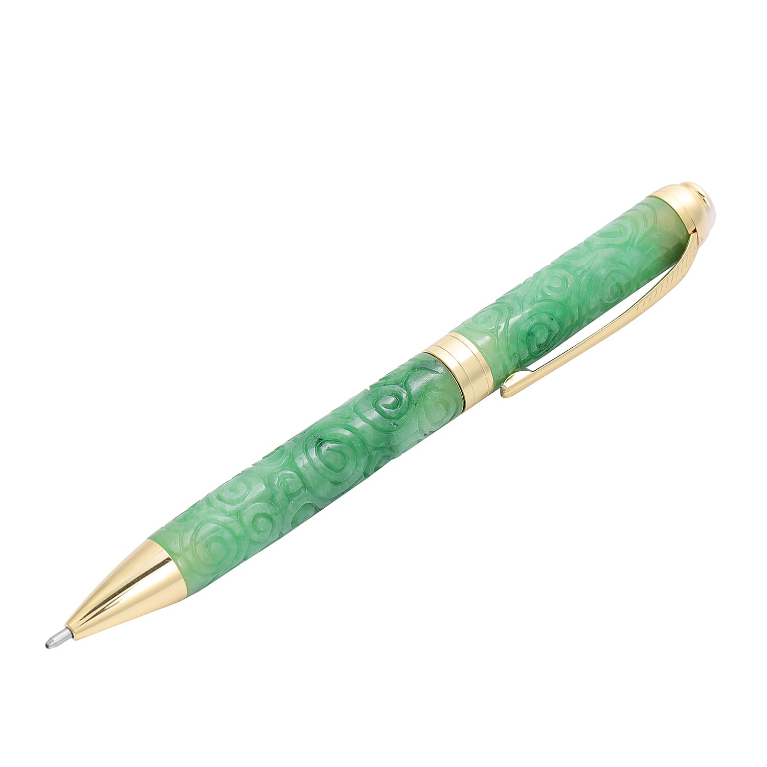 Hand Carved Green Jade Carved Lucky Clouds Ball Point Pen in Goldtone (Approx 208ctw)