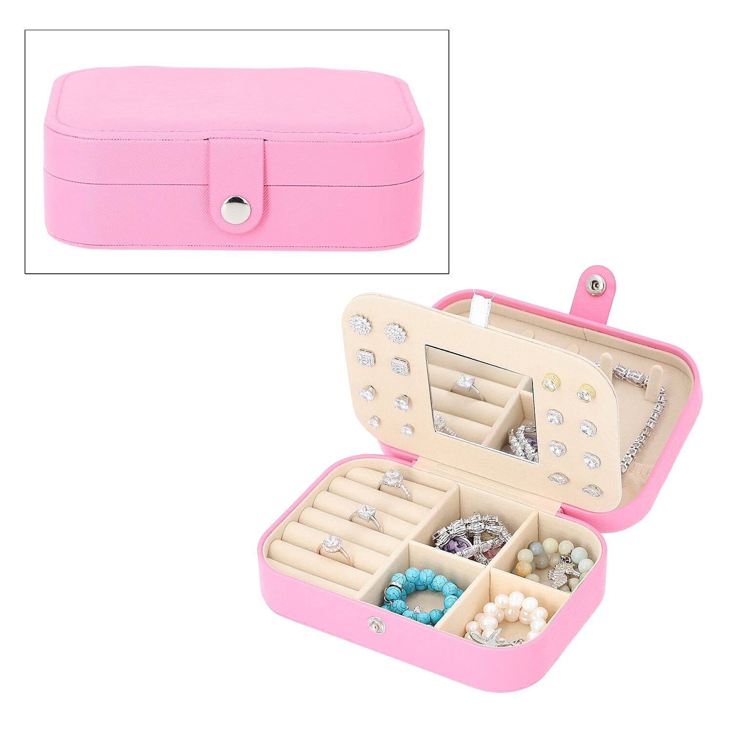 Pink Faux Leather Jewelry Organizer with Button Closure (6.49"x4.53"x2.17")