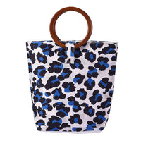 White with Blue & Black Leopard Print Pattern 100% Polyester Tote Bag with Wooden Handle (11.81x4.72x11.41)