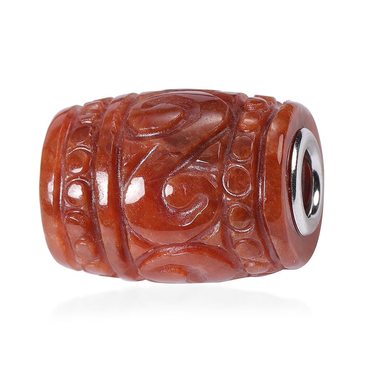 Red Jade Carved Barrel Shape Charm in Rhodium Over Sterling Silver 28.50 ctw