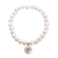White Freshwater Pearl and Simulated Multi Diamond Coin Cultured Pearl Charm with Dragonfly Stretch Bracelet in Goldtone 0.10 ctw