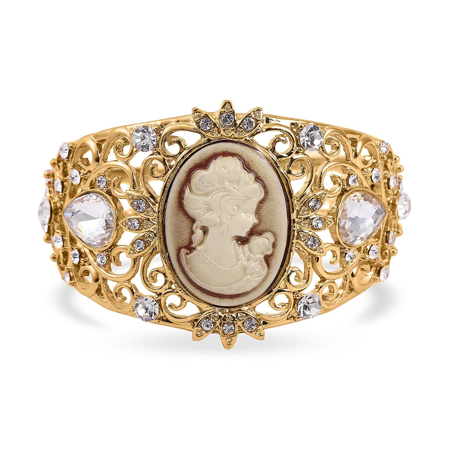 Brown Cameo and Multi Crystal and Glass Bangle Bracelet in Goldtone (6.50 In)
