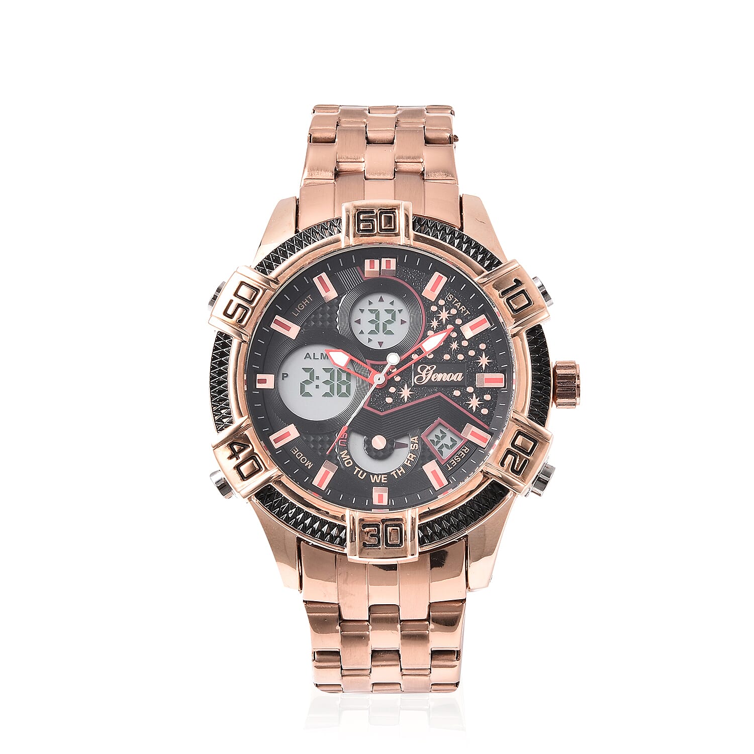Value Buy GENOA Miyota Japanese Dual Movement Multi-functional Men's Watch with ION Plated Black, RG Stainless Steel Strap & Back (1)