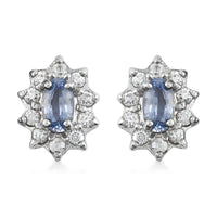 1.20 ctw Blue Ceylon Sapphire and Zircon Floral Stud Earrings in Platinum Over Sterling Silver