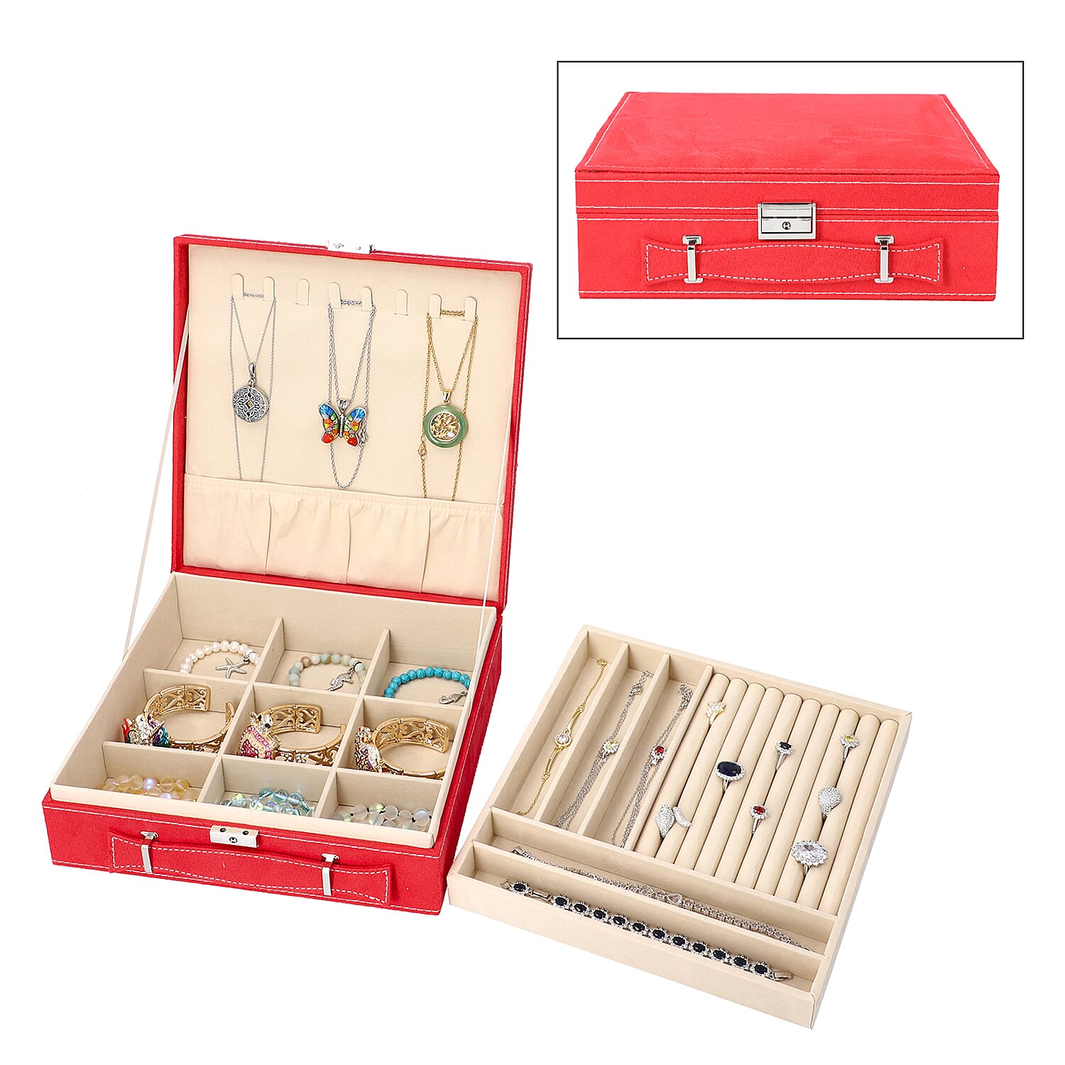 Black 2 Tier Velvet Jewelry Box with Anti Tarnish Lining & Lock (8 Necklace Hooks, 5 Bracelet Sections and Approx 54 Rings Slots) (10.2x10.2x3.2) (1)