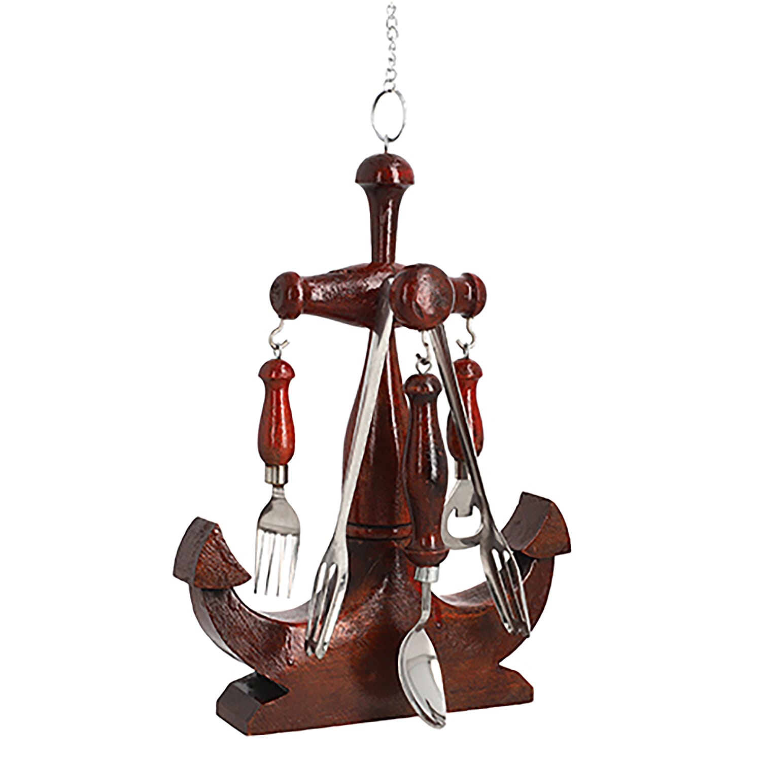 Handcrafted Mango Anchor Shape Cutlery Stand with Stainless Steel Spoon, Fork, Bottle Opener, Steel Tong set