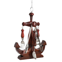 Handcrafted Mango Anchor Shape Cutlery Stand with Stainless Steel Spoon, Fork, Bottle Opener, Steel Tong set